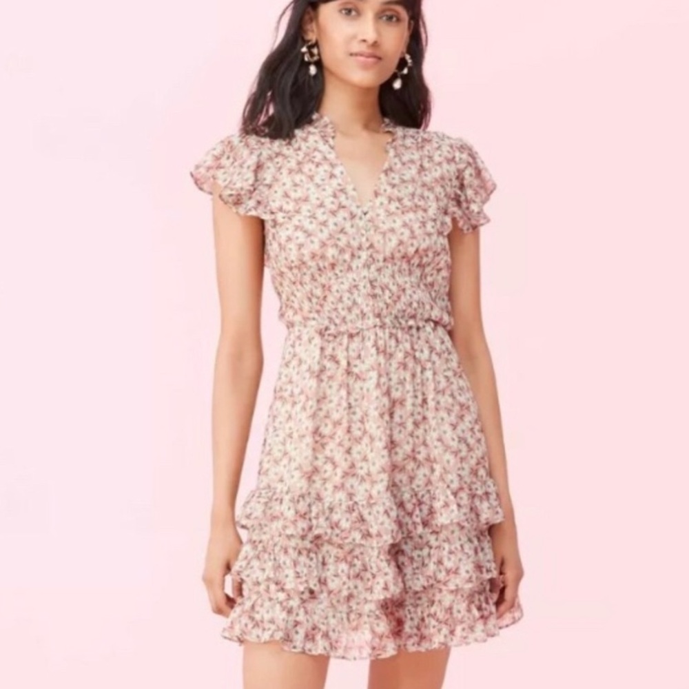 REBECCA TAYLOR Pink Ruffle Floral Mini Boho Dress Size 4